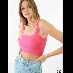 New Bright Pink Square Neck Ribbed Stretchy Crop Top by Nikibiki